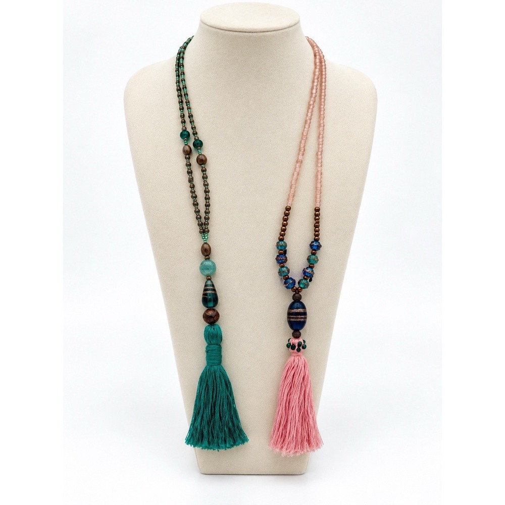 Lot of 2 Long Boho Beaded Tassel Necklaces Pink Teal Glass Wood Statement